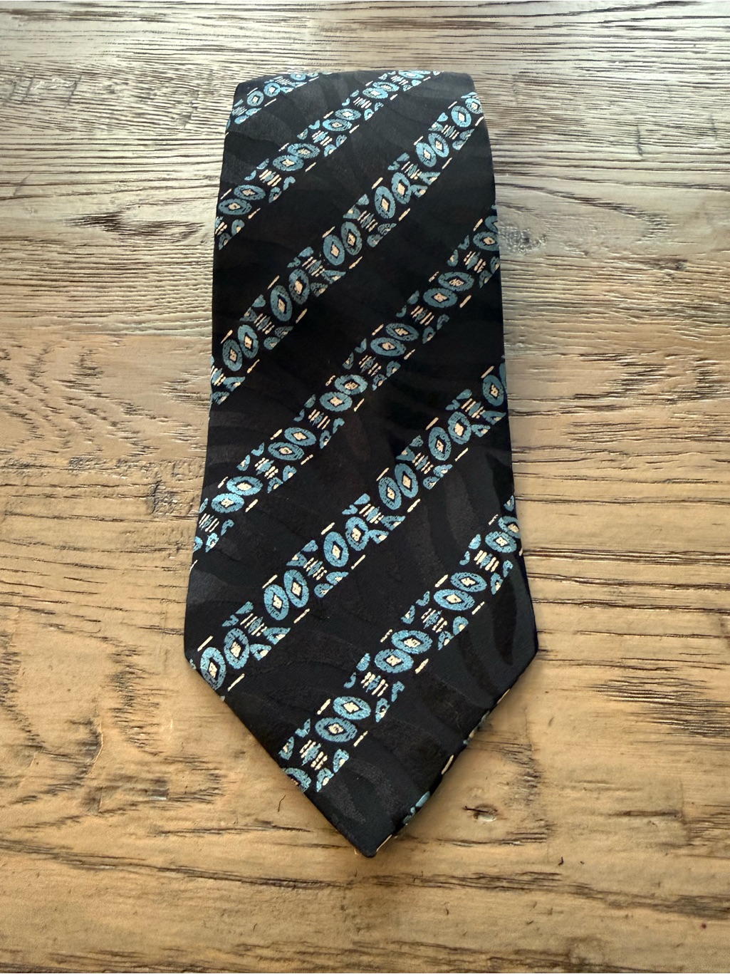 Brioni Black Tie With Teal And Light Blue Diagonal Motif